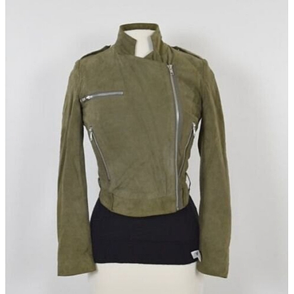 Whyred Suede Leather Moto Off Center Olive Green Zip Jacket Size 36